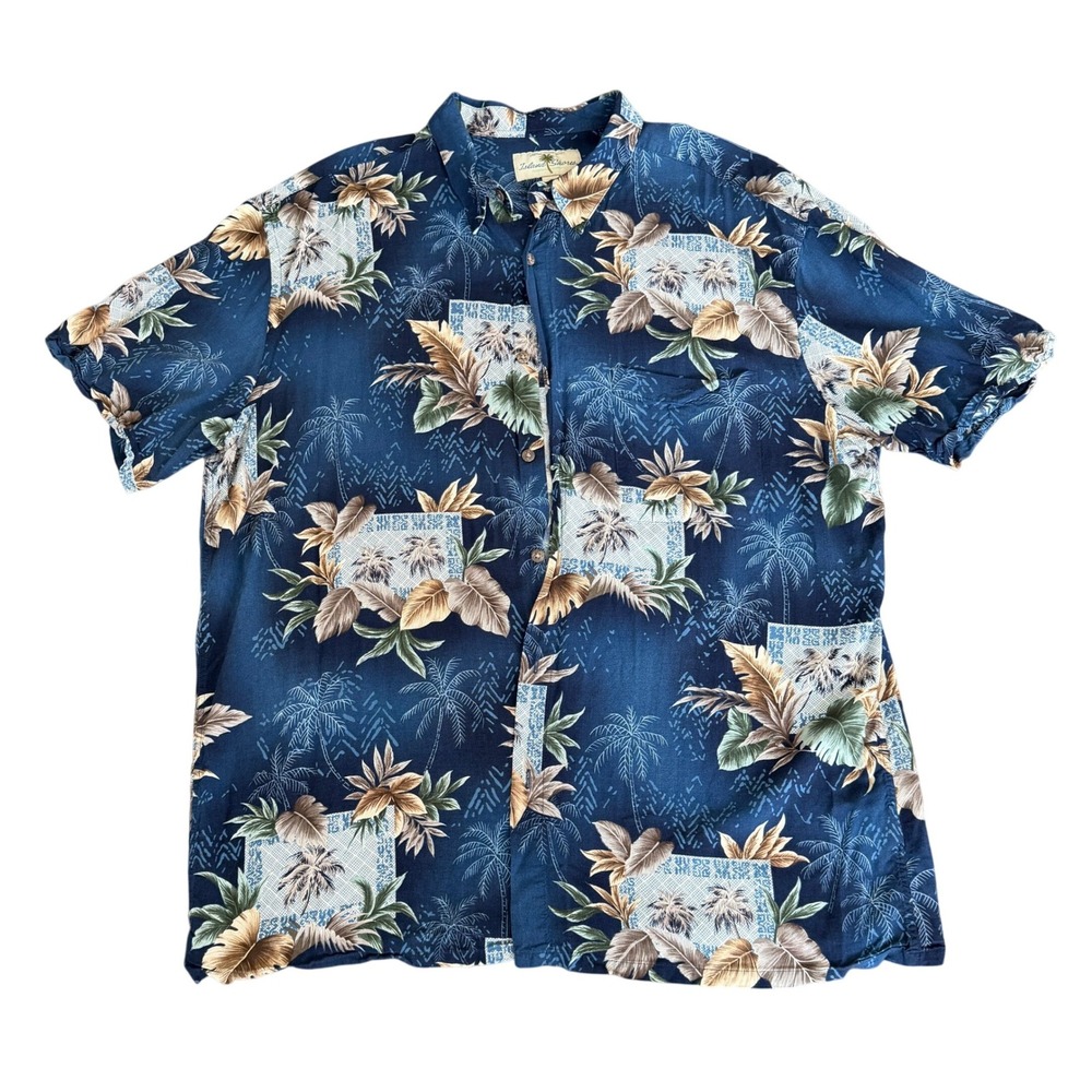 Island Shores Mens XL Blue Tropical Palm‎ Tree Rayon Hawaiian Button Down Shirt
